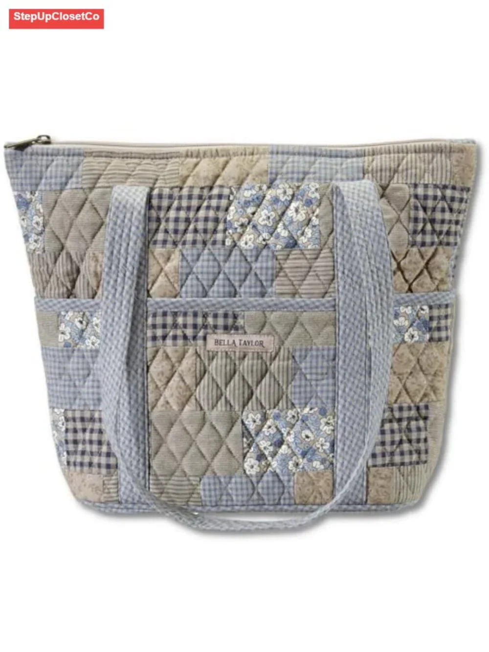 Quilted Cotton Shoulder Tote Bag for Women - 10 Pockets Zip Closure Lightweight